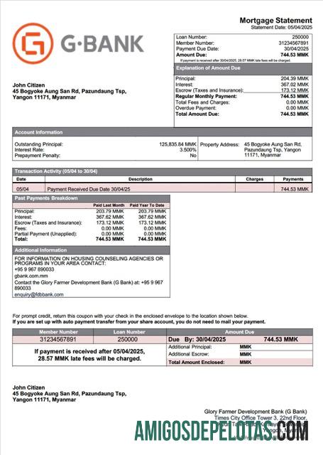 realista Myanmar Glory Farmer Development Bank (G Bank) Declaração de hipoteca Word e modelo PDF